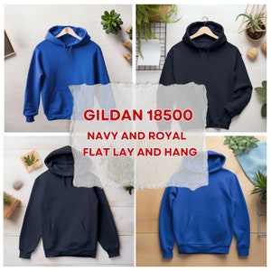 May include: Two Gildan 18500 hoodies, one navy blue and one royal blue, shown flat lay and hanging on a hanger.  Gildan 18500 Navy and Royal Flat Lay and Hang