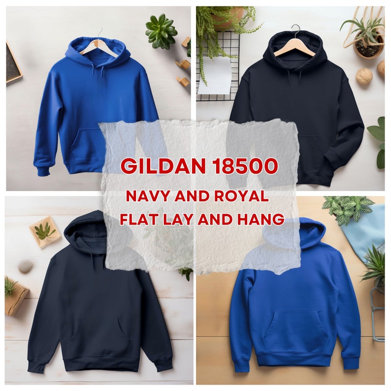 May include: Two Gildan 18500 hoodies, one navy blue and one royal blue, shown flat lay and hanging on a hanger.  Gildan 18500 Navy and Royal Flat Lay and Hang