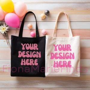 Lot de deux maquettes de sacs fourre-tout noirs pour Pâques, deux maquettes de sacs fourre-tout de Pâques en toile de coton, maquettes de sacs naturels Shopping POD Jpg Canva