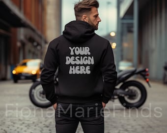 Black Gildan 18500 Back Hoodie Mockup , Male Model Back Black Gildan 18500 Mens Hoodie Mockup, Neutral Simple Gildan 18500 Back View Mock