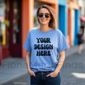 Carolina Blue Gildan 5000 Mockup Womens Tshirt Bundle, Female Model Carolina Blue Gildan 5000, Crewneck Shirt Women Model Oversized POD JPG