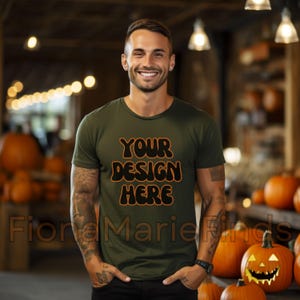 Military Green Canvas 3001 Shirt Halloween Mockup Bundle, Fall Military Green Tshirt Fall Mock-Up Men Model, Spooky Season Aesthetic Shirt