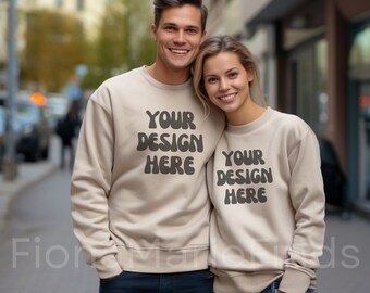 Couple Mockup Bundle, Husband Wife Crewneck Mockup, Sand Gildan Bundle-18000 Couple Crewneck Gildan, Dad and Mom Sweatshirt Mockup