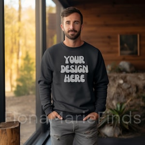 Gildan 18000 Dark Heather Sweatshirt Mockup, Male Gildan Sweater Mockup, Sweatshirt Mens Model Mockup G180 Dark Heather Crewneck Mockup JPG