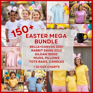 Op de afbeelding: Een collage van afbeeldingen die een verscheidenheid aan producten met een paasthema laten zien, waaronder T-shirts, mokken, kussens, draagtassen en kaarsen. De tekst "150+ Easter Mega Bundle" wordt weergegeven in grote, vetgedrukte letters. De bundel bevat Bella + Canvas 3001, Rabbit Skins 3322, Gildan 18000 en 24 maattabellen.