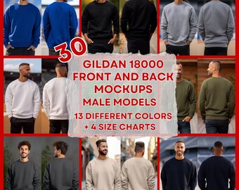 May include: 30 Gildan 18000 Front and Back Mockups Male Models 13 Different Colors + 4 Size Charts. A collage of images showing a male model wearing a variety of colors of Gildan 18000 crewneck sweatshirts.