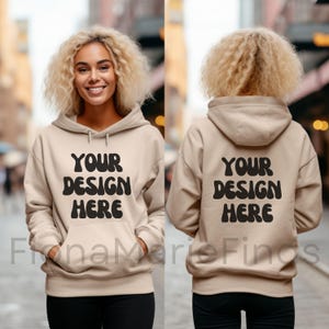 Gildan 18500 Sand Front and Back Hoodie Mockup, Female Model Mockup Sand Hoodie, Front and Back Sand Gildan 18500 Women Hoodie Mockup JPG