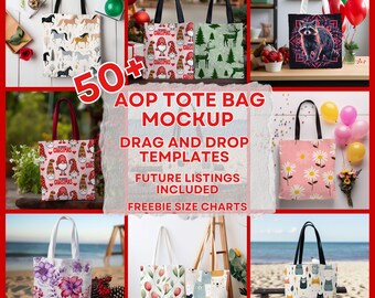 50+ AOP Tote Bag Drag and Drop Mockup Bundle, Canva Frames Bundle Natural Shopping Bag Mockups Print On Demand, Tote Bag Black Handle Mockup