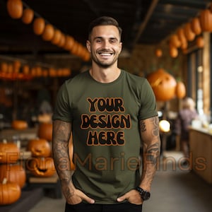 Military Green Canvas 3001 Shirt Halloween Mockup Bundle, Fall Military Green Tshirt Fall Mock-Up Men Model, Spooky Season Aesthetic Shirt