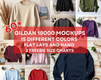 60+ Gildan Bundle-18000 Mockup, Flat Lay Gildan 18000 Sweatshirt Mockup, Hang Folded Flat Lay Mockup Bundle G180 G18000 Mockup Bundle JPG