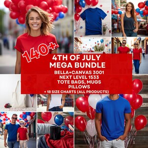 Pode incluir: Uma colagem de imagens que mostram vários produtos com tema do 4 de julho, incluindo camisetas, sacolas, canecas e almofadas. O texto "140+ 4th of July Mega Bundle" é exibido em letras grandes e em negrito. O pacote inclui Bella + Canvas 3001, Next Level 1533, sacolas, canecas, almofadas e 18 tabelas de tamanhos para todos os produtos.