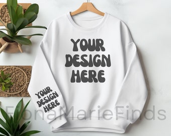 Gildan 18000 White Sweatshirt Sleeve Mockup, G180 White Sweater Crewneck Sleeve Mockup, Flat Lay Hang Mockup POD Boho Style White Gildan