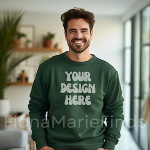 Gildan 18000 Forest Green Sweatshirt Mockup, Male Gildan Sweater Mockup, Sweatshirt Mens Model Mockup G180 Forest Green Crewneck Digital JPG