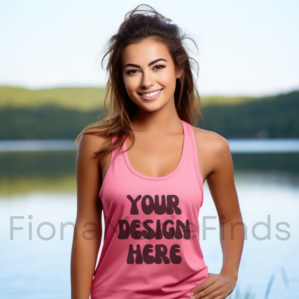 Next Level 1533 Mockup Bundle, Solid Hot Pink Tank Top Female Model Mock up, POD Summer Tank Top Mocks, Pink NL 1533 Racerback Tee Photo