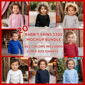 May include: A set of 20 mockups featuring children wearing long-sleeved shirts in various colors. The mockups are for use with a rabbit skin fabric. The text on the image reads "RABBIT SKINS 3302 MOCKUP BUNDLE ALL COLORS INCLUDED 2 FREE SIZE CHARTS".