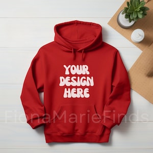 Gildan 18500 Red Hoodie Mockup, Hanging Red Gildan Hoodie Mockup, Red Hoodie Flat Lay Adult Boho Unisex Mockup, POD Digital Template JPG