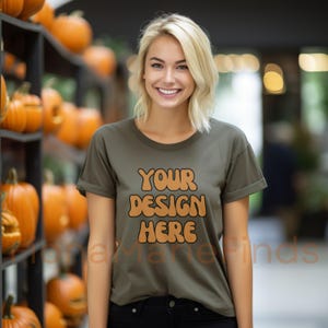Military Green Bella Canvas 3001 Shirt Halloween Mockup Bundle, Modern Military Green Tshirt Fall Mockup Women Model Lifestyle Aesthetic Tee