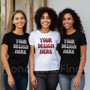 友達グループ モックアップ バンドル、女の子のグループ ホワイト T シャツ モックアップ、ブラック ベラ キャンバス 3001 モデル モックアップ 女性グループ T シャツ モック デジタル ダウンロード