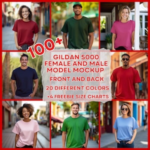 May include: A mockup of a Gildan 5000 t-shirt in various colors, worn by models in front and back views. The image includes the text "100+", "Gildan 5000", "Female and Male Model Mockup", "Front and Back", "20 Different Colors", and "+4 Freebie Size Charts".
