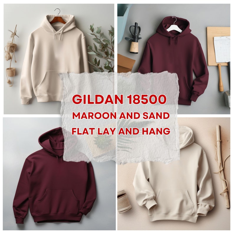 May include: Two Gildan 18500 hoodies, one maroon and one sand, shown flat lay and hanging.