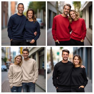 May include: Four couples wearing matching long-sleeved sweatshirts in different colors: navy blue, red, beige, and black. The couples are standing in urban settings.