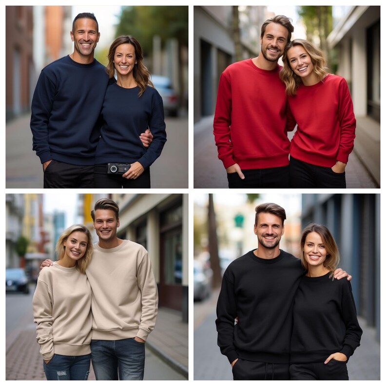 May include: Four couples wearing matching long-sleeved sweatshirts in different colors: navy blue, red, beige, and black. The couples are standing in urban settings.