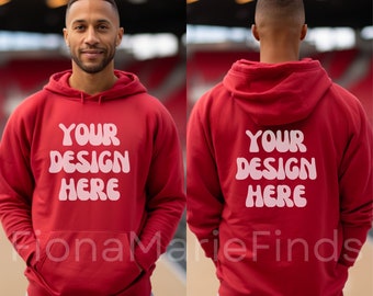 May include: Red hooded sweatshirt with the text "YOUR DESIGN HERE" in white on the front and back.