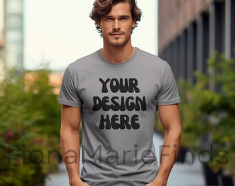 Mockup di maglietta sportiva grigia Gildan 64000: modello maschile (download digitale)