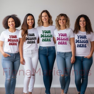 友達グループ モックアップ バンドル、女の子のグループ T シャツ モックアップ、ホワイト ベラ キャンバス 3001 モデル モックアップ 女性グループ T シャツ モック デジタル ダウンロード JPG