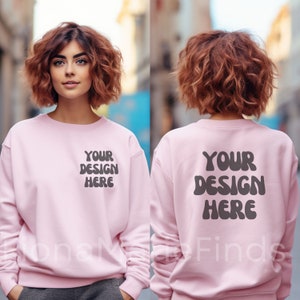 Gildan 18000 Front and Back Light Pink Sweatshirt Mockup, Front Back Mockup Light Pink Oversized Sweater Model 18000 Gildan Mock Up G180