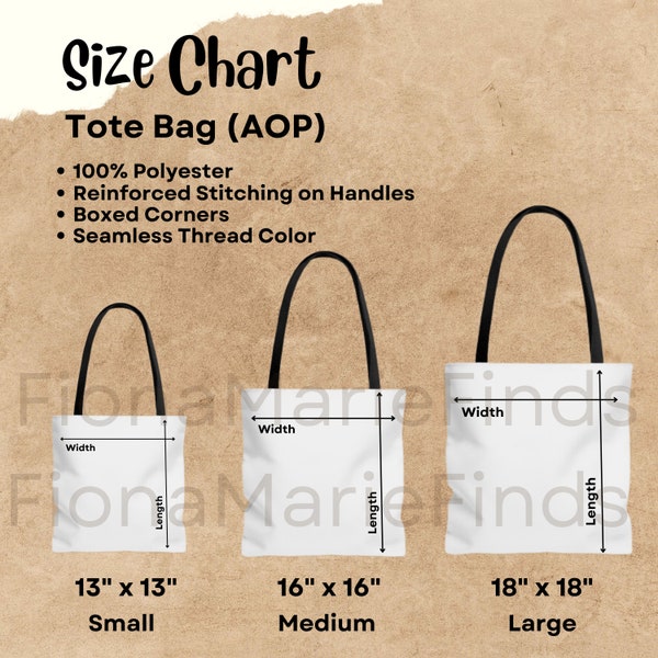 AOP Tote Bag Size Chart Mockup, All Over Print Tote Bags, Size Guide Printify Tote Bag Sizing Table, Digital Download Tote Bag Size Charts