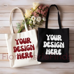 Lot de deux maquettes de sacs fourre-tout noirs, deux maquettes de sacs fourre-tout en toile de coton, maquettes de sacs naturels Shopping POD Maquette numérique Jpg Canva