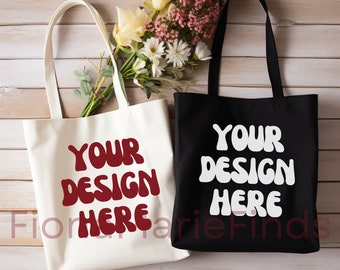Paquete de dos maquetas de bolsas negras Tote, dos maquetas de bolsas de lona de algodón, maquetas de bolsas de compras naturales, maquetas de compras POD Digital Jpg Canva Mockup