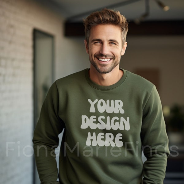 Gildan 18000 Military Green Sweatshirt Mockup, Male Gildan Sweater Mockup, Sweatshirt Mens Model Mockup G180 Military Green Crewneck Digital