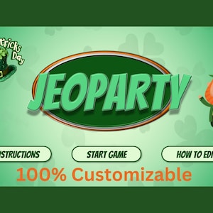 Peut inclure: Un jeu de type Jeopardy sur le thème de la Saint-Patrick, avec un lutin. Le jeu est 100% personnalisable. Les boutons indiquent "Instructions", "Démarrer le jeu" et "Comment modifier".
