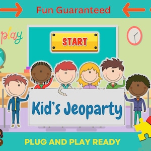 Op de afbeelding: Een kleurrijke illustratie van een klaslokaal met vijf kinderen die een wit bord vasthouden waarop "Kid's Jeopardy" staat. Het bord staat op een paarse ondergrond. Het klaslokaal heeft een aardbol, een klok en een boekenkast. Op het bord staat ook "Fun Guaranteed" en "Plug and Play Ready".