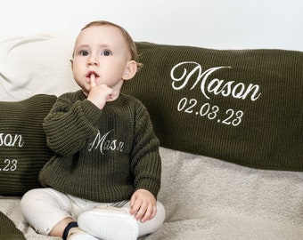 Maglione ricamato con nome bambino personalizzato, regalo per la doccia per bambini, regalo per neonato, set regalo di Natale personalizzato per bambini, maglione lavorato a maglia, coperta, berretto