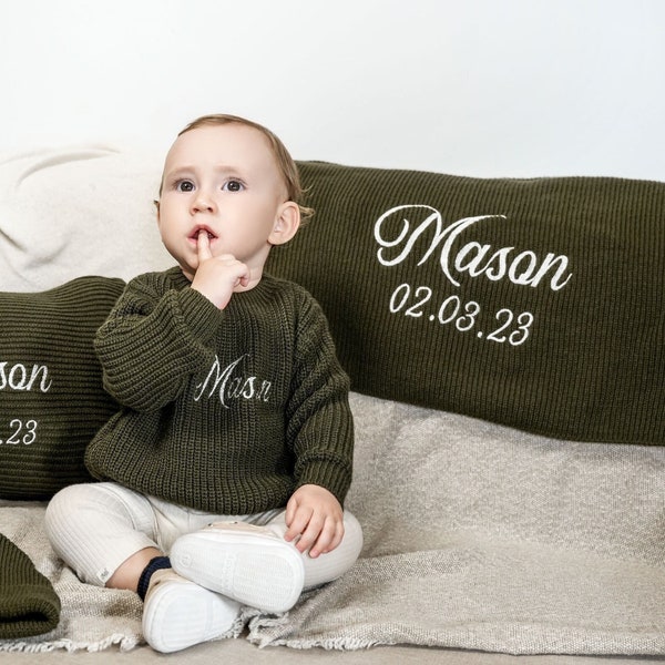 Personalized Baby Name Embroidered Sweater, Baby Shower Gift, Newborn Gift, Custom Baby Christmas Gift Set, Knitted Sweater, Blanket, Beanie