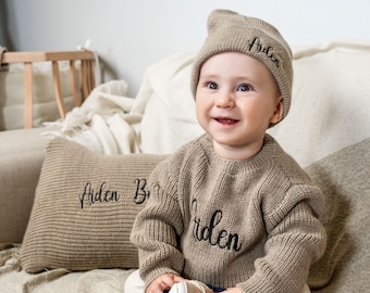 Conjunto de regalo bordado para bebé personalizado, suéter para bebé, manta personalizada, gorro bordado, almohada con nombre de bebé, conjunto de regalo para bebé de punto, Navidad