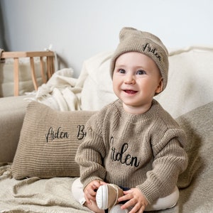 Personalized Baby Embroidered Gift Set, Baby Sweater, Custom Blanket, Embroidered Beanie, Baby Name Pillow, Knitted Baby Gift Set, Christmas image 1