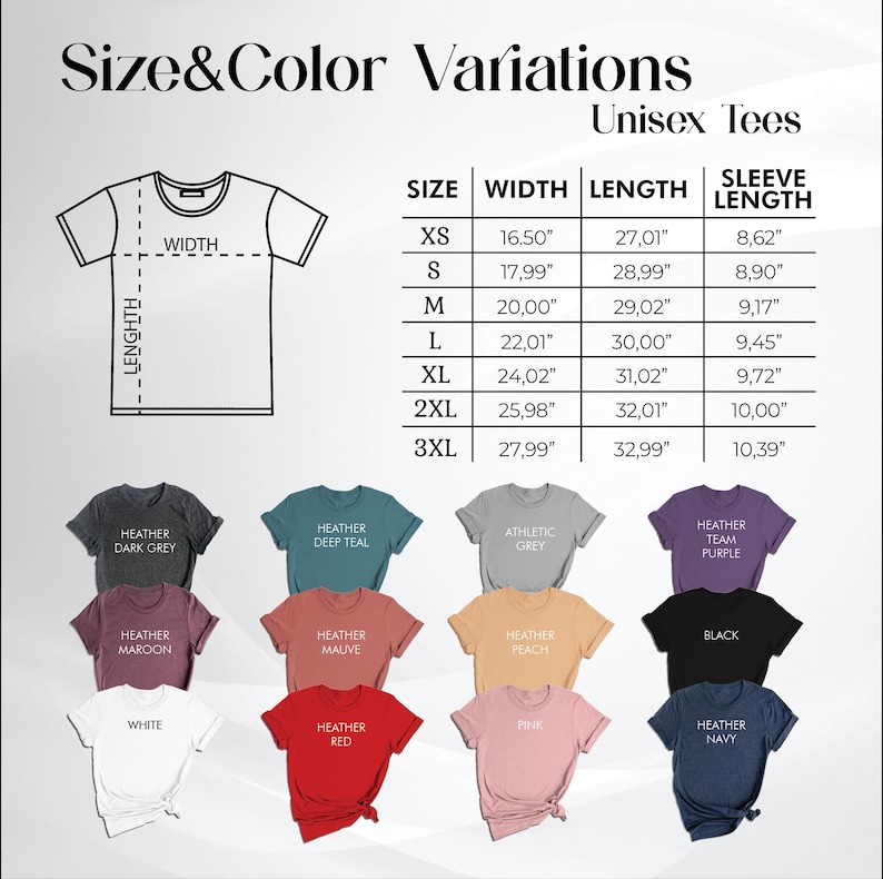 the size and color variations of a t - shirt