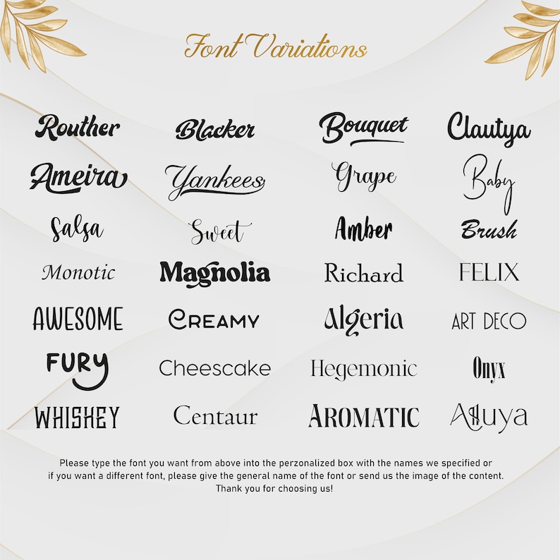 May include: A chart with a list of different font styles. The font styles are listed in columns with the names of the fonts in each column. The chart is titled "Font Variations".