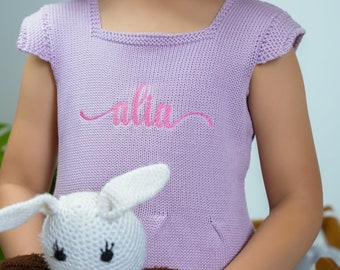 Personalized Knitted Baby Dress, Custom Monogram, Organic Cotton