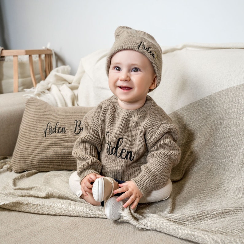 Personalized Baby Embroidered Gift Set, Baby Sweater, Custom Blanket, Embroidered Beanie, Baby Name Pillow, Knitted Baby Gift Set, Christmas image 1