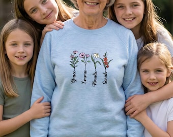 Birth Flower Embroidered Hoodie, Personalized Grandkids Names, Grandma's Garden Gift