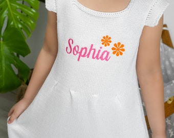 Embroidered Organic Cotton Baby Girl Knitted Dress, Personalized Gift