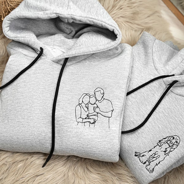 Portrait de famille brodé personnalisé à partir d'un sweat-shirt photo, sweat à capuche personnalisé, cadeau chien pour maman, portrait d'animal de compagnie, idée cadeau maman, cadeau d'anniversaire