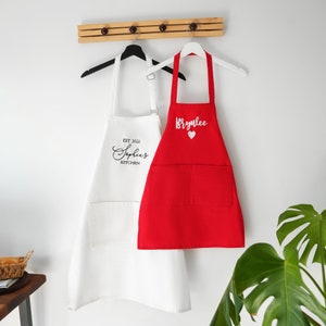 two aprons hanging on a wall next to a potted plant