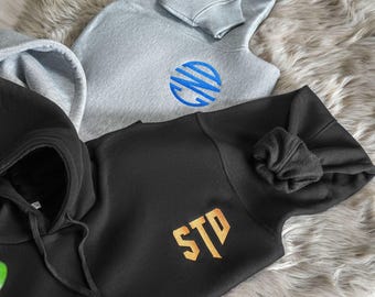 Embroidered Monogram Hoodie, Personalized Unisex Crewneck, Cotton Fleece