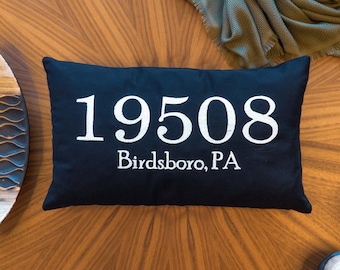 Embroidered Zip Code Pillow, Custom Address Pillow, Housewarming Gift